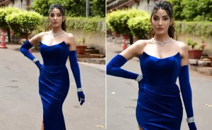 Nora Fatehi Brings Vintage Hollywood Charm In A Strapless Blue Velour Gown