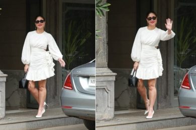 Kareena Kapoor Is A Gorgeous Birthday Girl In A Ruffled White Cutout Dress With Sunglasses And Matching Pumps
